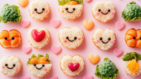 A bento-style school lunch featuring food items shaped into smiley faces and hearts, laid out on a solid pastel background. The top view showcases the attention to detail in creating a delightful meal.の素材