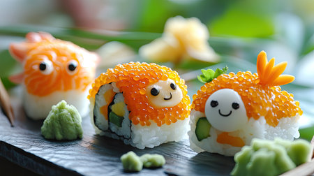 A vibrant image of sushi crafted into charming animal shapes, using rice, fish, and sesame seeds. Each piece is a delightful work of edible art, perfect for a playful culinary experience.の素材