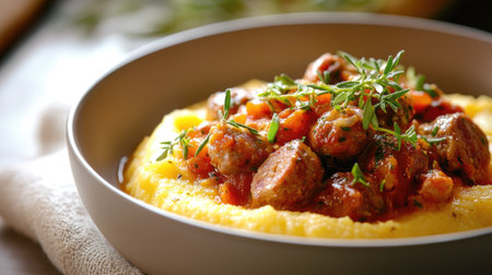 A bowl of creamy polenta, served with a rich tomato and sausage sauce.の素材