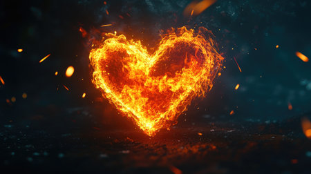 A vibrant heart made entirely of fire, glowing intensely on a dark background, representing passionate love and burning desire. Sparks fly around the fiery heart.の素材