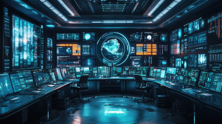 A futuristic control room with screens monitoring global communication networks.の素材