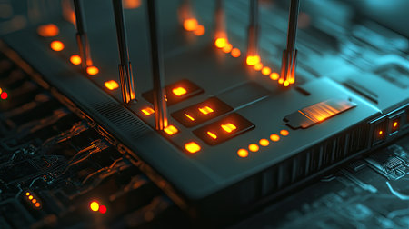 Close-up of a network router with glowing lights, representing data transferの素材