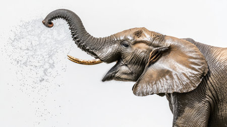 A playful African elephant spraying water from its trunk, set against a white background, capturing a rare moment of joy.の素材