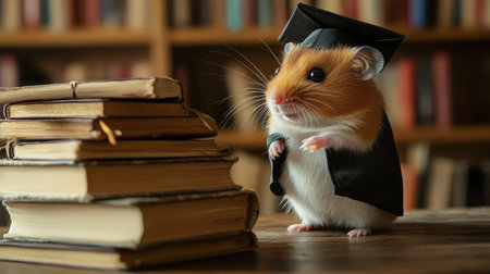 A hamster in a graduation outfit, standing on a library table next to a small stack of books. The image captures a playful yet studious moment in a cozy, book-filled environment.の素材