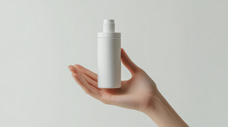 Delicate white woman's hand gracefully holding a white lotion bottle with no text or branding, set against a pristine white backdrop, creating a minimalist aesthetic.の素材
