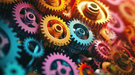 Little abstract scene featuring 3D engine gears in a spectrum of colors, blending technical precision with artistic expression in a vibrant composition.の素材