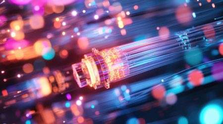 Close-up of a fiber optic cable, with colorful light beams representing data transfer.の素材