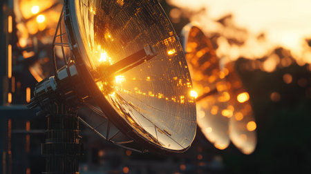 Close-up of a satellite dish array, capturing and transmitting signals for communication.の素材