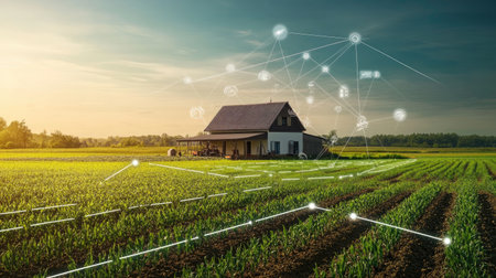 Modern farm with a network of IoT devices for monitoring and management.の素材