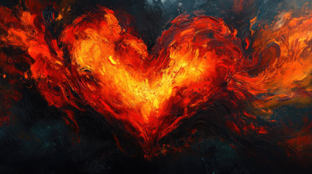 An abstract heart of fire, blazing in vibrant colors of red and orange, set against a dark background, representing the fiery nature of true love.の素材
