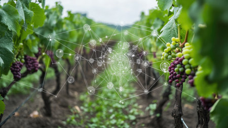 A network of sensors collecting data from a vineyard, connected to a central system.の素材