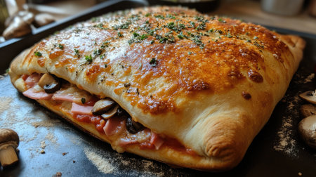A freshly baked Italian calzone, filled with mozzarella, ham, and mushrooms.の素材