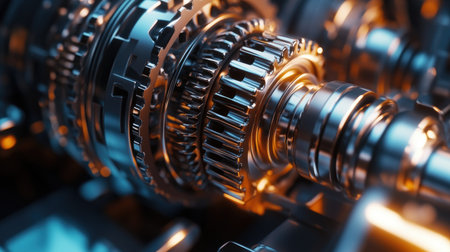 Dynamic 3D rendering of engine gears, symbolizing the power and precision of modern technology. The interlocking gears represent the seamless integration of mechanical and digital advancements.の素材