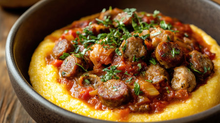 A bowl of creamy polenta, served with a rich tomato and sausage sauce.の素材