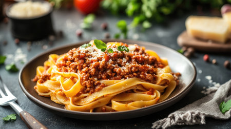 A plate of tagliatelle pasta with rich and savory ragu Bolognese sauce.の素材