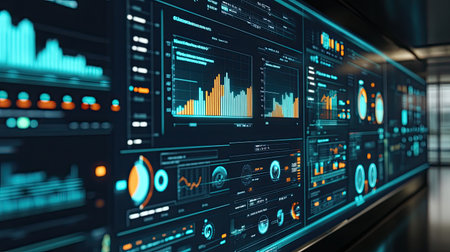 Digital dashboard displaying real-time communication data from multiple sources.の素材