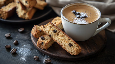 A traditional Italian biscotti, served with a cup of espresso.の素材