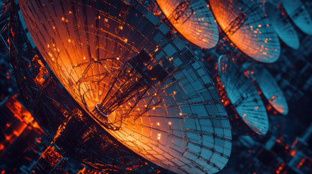 Close-up of a satellite dish array, capturing and transmitting signals for communication.の素材