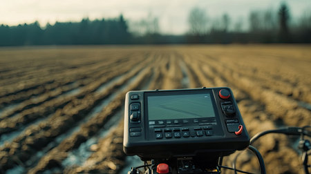 Close-up of an agricultural drone controller, monitoring a large field.の素材