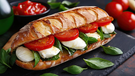 A traditional Italian Ciabatta sandwich, filled with fresh vegetables and mozzarella.の素材