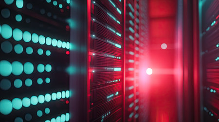 Close-up of a server room with blinking lights, representing digital communication.の素材