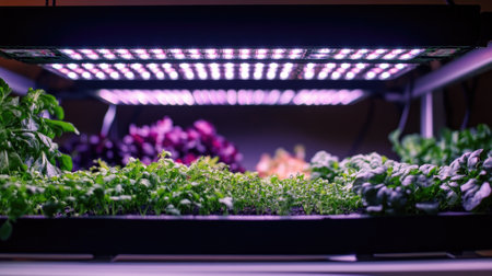 Hydroponic farming setup with LED lights and automated nutrient delivery.の素材