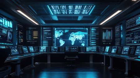 Modern communication hub with multiple screens displaying real-time data.の素材