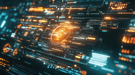 Futuristic holographic communication interface with glowing data streams.の素材