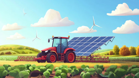 Modern farming equipment with solar panels and GPS technology.の素材