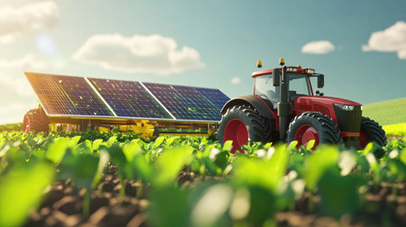 Modern farming equipment with solar panels and GPS technology.の素材