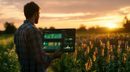 Smart agriculture technology dashboard displaying crop health metrics.の素材