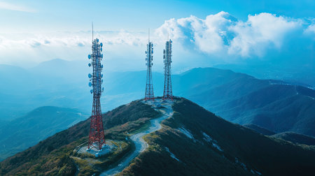 Aerial view of communication towers on a mountain, transmitting signals over a wide area.の素材