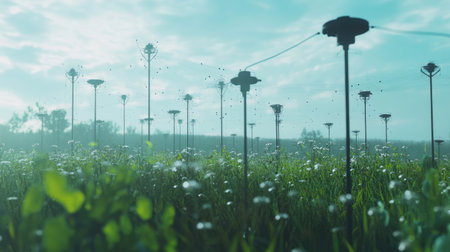 Remote sensors placed throughout a field, connected to a central computer system.の素材