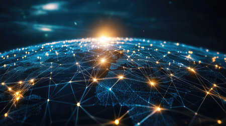 Abstract digital representation of global communication nodes connected by lines.の素材