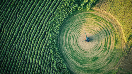 Aerial view of a precision agriculture field, with visible technology integration.の素材
