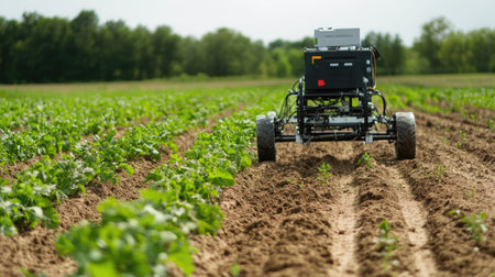 Advanced soil testing equipment being used in a modern farm.の素材