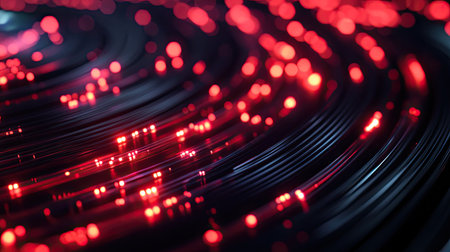 Rows of glowing fiber optic cables, symbolizing fast and reliable communication.の素材