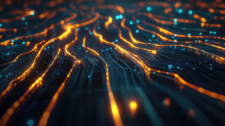 Abstract image of data flowing through a communication network, with glowing lines.の素材