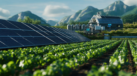 Solar panels powering a farm's automated systems, surrounded by green fields.の素材