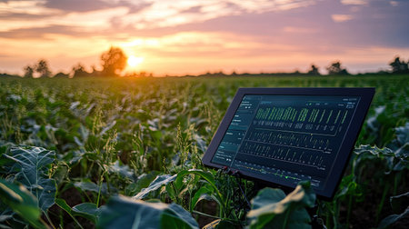 Advanced farm management software displaying crop data on a large screen.の素材