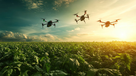 Advanced pest control system using drones in a large agricultural area.の素材