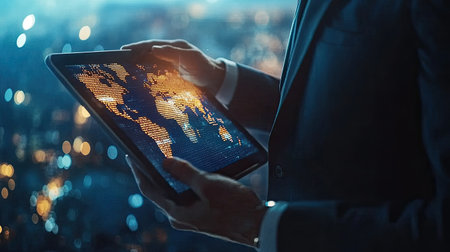 A businessman using a digital tablet to explore global business networks.の素材