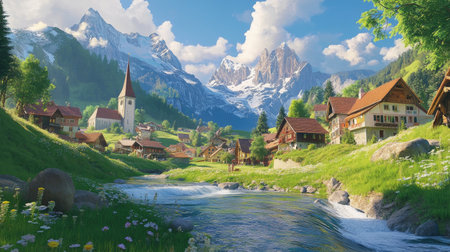 A charming Swiss village nestled in a valley, with a river stream flowing through, surrounded by mountains and meadows, showcasing the natural beauty of Switzerland.の素材