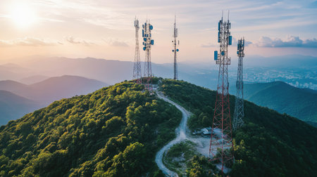 Aerial view of communication towers on a mountain, transmitting signals over a wide area.の素材