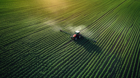 Aerial view of a precision agriculture field, with visible technology integration.の素材