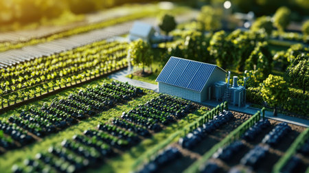 Aerial view of a smart farm with automated irrigation systems and sensors.の素材