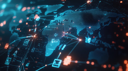 A digital world map with connected lines and business icons, symbolizing global entrepreneurship.の素材