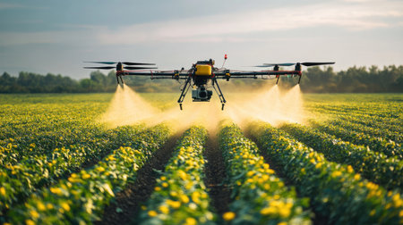 Automated drone spraying fertilizers in a large agricultural area.の素材