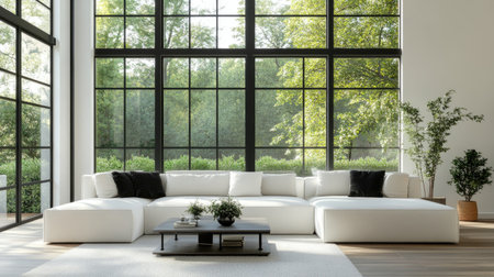 A contemporary living room with a white sofa, large windows, and simple, elegant decor, perfect for a serene environment.の素材