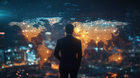 A businessman analyzing a digital world map with glowing business opportunities.の素材